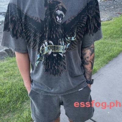 ES2G REPRESENT Eagle Dog Print Destruction Retro Washed Distressed Short-Sleeved American High Street All-Match Half-Sleeved T-Shirt Mens Trendy 2021