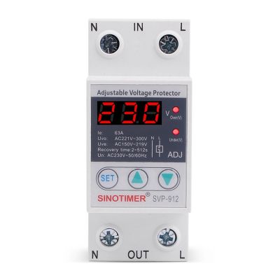 SINOTIMER 63A Voltage Protect Relay 230V 50/60Hz Din Rail Adjustable Automatic Recovery over and Under Voltage Protector Voltage Protect Relay Plastic Voltage Protect Relay