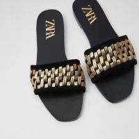 【Ready Stock】Zaraˉ  2022 New Gold Knitted Flatsole Sandals