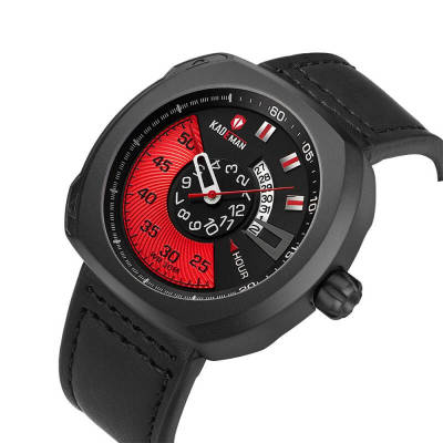 Kademan Quartz Mens Watches Creative Design Man Wristwatch Red Dial Black Leather Strap Calendar Waterproof Male Clock