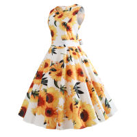 2021Summer Women Dress Elegant Sunflower Print Tunic Beach Dress Sundress White Swing Vintage Rockabilly Tank Dresses