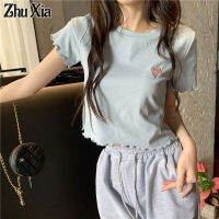 Zhu Xia เสื้อครอปสำหรับนักเรียนหญิงแบบสั้นแขนสั้นใหม่ขอบหูทำจากไม้เสื้อยืดผู้หญิงทันสมัย