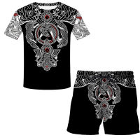 Viking 3D Printed symbol - Tattoo Suit 2 Piece Set Men Short Sleeve T Shirt + Beach Shorts Casual Tracksuit Matching Outfits