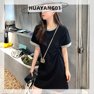 HUAYANG01เสื้อยืดคอกลมแขนสั้น,ชุดมินิเดรสเสื้อยืดคอกลมลำลองสีบล็อกชุดเดรสสตรีฤดูร้อน