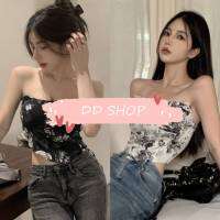 DD SHOPพร้อมส่ง 19143/FY191 เสื้อเกาะอก มีฟองน้ำ ลายดอกไม้ สีขาวดำ สม๊อคด้านหลัง -C