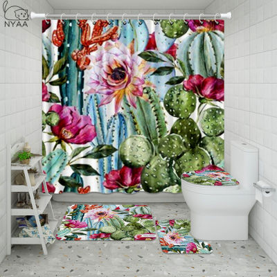 Vixm Tropical Cactus&nbsp;Bathroom Waterproof Shower Curtain Set Pedestal Rug Lid Carpet Toilet Cover Set Bath Curtain Mat Set