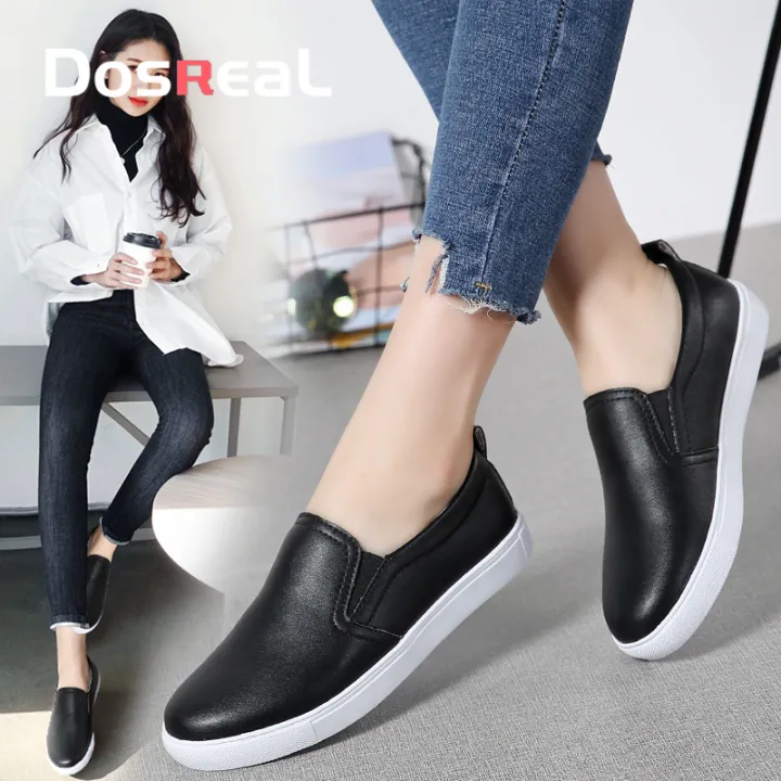 DOSREAL Doll Shoes for Women On Sale Slip On Korean Style White Flats Shoes  High Quality Fashion Leather Loafers nurse shoes 鞋子女百搭 | Lazada PH