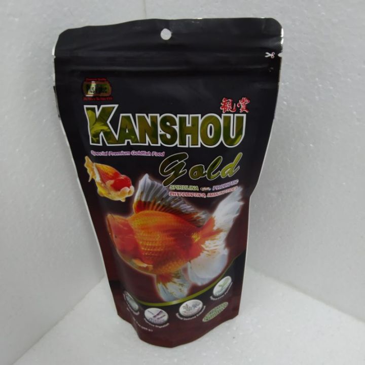 kanshou-gold-255-g-อาหารสำหรับปลาทอง-สูตรผสมสาหร่ายสไปรูลิน่าและโปรไบโอติกส์-เร่งสีเร่งโต-ป้องกันโรค