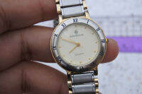 นาฬิกา Vintage มือสองญี่ปุ่น SANDOZ ระบบ QUARTZ ผู้หญิง ทรงกลม กรอบทอง หน้าขาว หน้าปัด 30มม. สายสแตนเลสแท้ ใช้งานได้ปกติ สภาพดี ของแท้ ไม่กันน้ำ