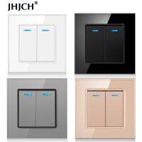 Jhjch Crystal Glass Panel 2 Gang 2 Way Pass Through On / Off Light Switch Stair Wall Switch Switched With LED Indicator 16A Power Points  Switches Sav