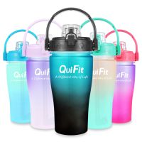 【LZ】∋●  Quifit 1000ml Garrafa de água com palha Tritran BPA Free Motivational Time Marker para beber diariamente 1L 32 OZ Big Jugs