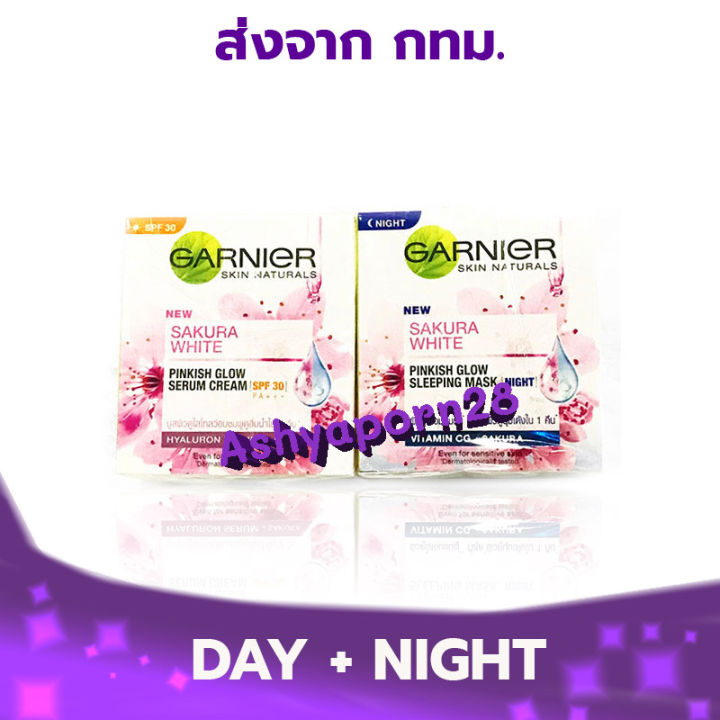 [แพ็คคู่] GARNIER Sakura White Cream Set Day 50ml +Night 50ml สีชมพู