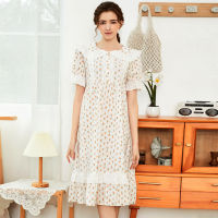 Floral Short Sleeved Nightdress Court Style Cotton Pajamas Womens Loose Medium Length Foreign Trade Pop Lovely Princess Home Cl