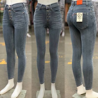 กางเกงผู้หญิง กางเกงเอวสูง กางเกงยีนส์ กางเกงขายาว กางเกงขายาวผู้หญิง ทรงเดฟ ผ้ายืด ผ้าซาร่าและธรรมดา กระดุมหน้า Size. S-M-L-XL-2XL-3X