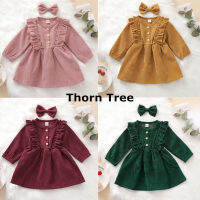 Thorn Tree 2 ชิ้นชุดเด็กผู้หญิงแขนยาวรอบคอปุ่ม Ruffle เจ้าหญิงจีบกระโปรงฤดูใบไม้ร่วงชุดคาดศีรษะชุด