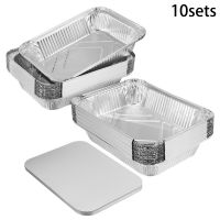 【hot】☎☏  10 Set Aluminum Foil BBQ Trays Mold Disposable Roasting Baking Tray  Lid Boxes 22.4x17.5x4cm 930ML Drip Pans
