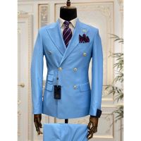 1สีฟ้าสีแดงสีเขียว Double Breasted Slim Fit Men ชุดงานแต่งงานทักซิโดเจ้าบ่าว Business Party Prom Best Man Blazer เครื่องแต่งกาย Homme