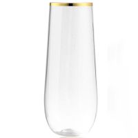 Stemless Plastic Champagne Glass Disposable 9 Oz Gold Rim Clear Plastic Toasting Glasses Shatterproof Recyclable