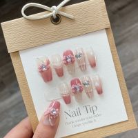 [HANDMADE]Artificial Nail Summer Cute Pink Plaid Flashing Sweet Girl Bow Phototpy Nails Reusable and Removable Nails