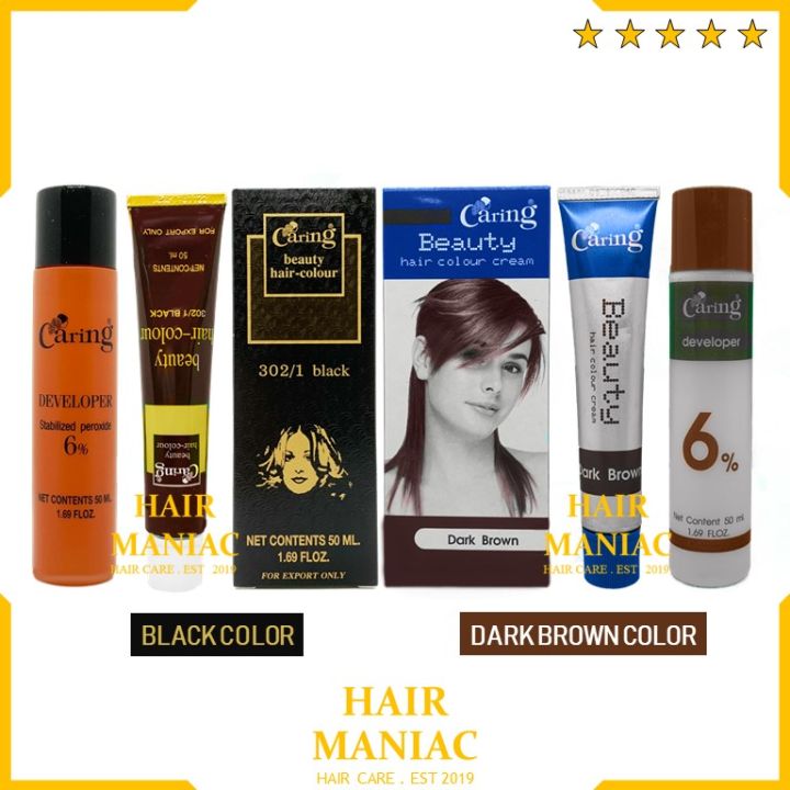 Caring Beauty Hair Color (Black / Dark Brown) Hair Colour Cream 50ML + 6%  Developer 50ML (Cover White Hair) | Lazada