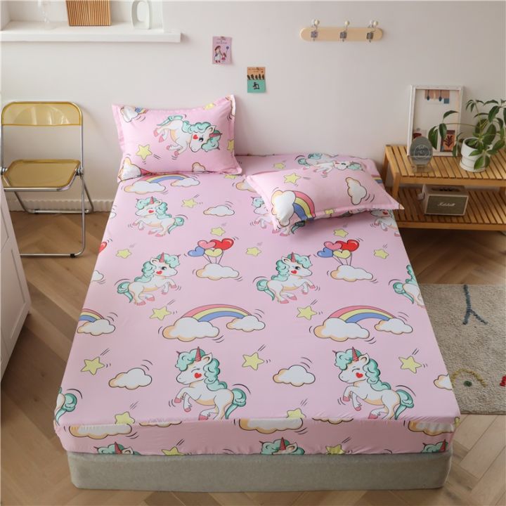 heureux-hot-sell-fitted-bedsheet-single-queen-king-size-cotton-fabric-pink-color-unicorn-pattern