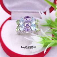 G6444 แหวนพลอยอเมทิสต์, โทพาซ , เพอริดอทแท้ ( Amethyst,topaz,peridot ) ตัวเรือนเงินแท้ 925 ชุบทองคำขาว มีไซส์ 54 แก้ไซส์ฟรี