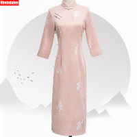 ใหม่สไตล์จีนย้อนยุคผู้หญิงหนังนิ่มผ้าเย็บปักถักร้อยยาว Cheongsam พรรคจัดเลี้ยงโฮสต์อารมณ์ Dress