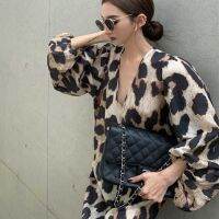 Korean Fashion Women Long Sleeve Leopard V Collar Loose Midi Dress