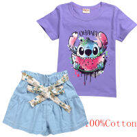 Stitchs เสื้อผ้าเด็ก GirlBaBy Skort ชุดเสื้อยืดสำหรับเด็กเสื้อแขนสั้นสำหรับเด็กหญิงผ้าฝ้าย + โพลีเอสเตอร์ฤดูร้อนผูกโบว์ยีนส์ขาสั้นและท็อปส์ซูการ์ตูน2-15ปี0000