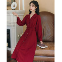 Spot parcel post French R Hepburn Style Waist-Controlled Long Sleeves Dress for Women Autumn 2023 New Mid-Length Red Long Dress