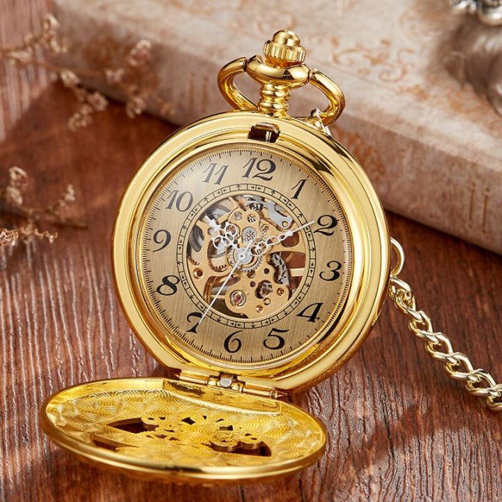 นาฬิกาพกกลไกลมแบบวินเทจสีฟ้ากลวงดวงจันทร์ดาวโครงกระดูกแนวสตรีมพังก์นาฬิกาเลขโรมันพร้อมโซ่-fob