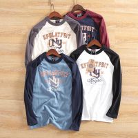 Cotton brushed fabric letter print autumn new mens round neck bottoming long-sleeved trendy T-shirt 【JYUE】