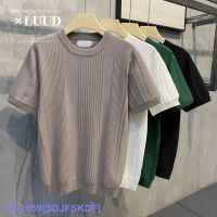 Top LUUD Imitation Linen Icy Silk Round Neck Sweater T-Shirt Simple Solid Color Vertical Pattern Casual Mens Slim Tops YY ♝