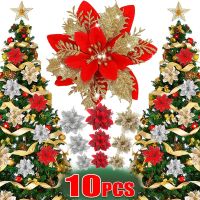 【LZ】♕♀  Christmas Glitter Artificial Flowers Floral Silk Fake Flower with Clips for Xmas Tree Hanging Ornaments New Year Gift Home Decor