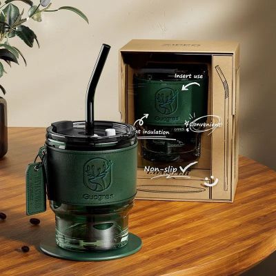 เหยือกแก้วสีเขียว420มล. พร้อมฝาและหลอดแก้วกาแฟทนความร้อนพร้อมถ้วยน้ำนมหนังแก้วน้ำชาที่ใช้ในสำนักงานแบบใช้ซ้ำได้