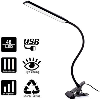 KEXIN 5W LED Clip on Desk Lamp with 3 Modes 14 Brightness 2M Cable Dimmer 14 Levels Clamp Table Lamp