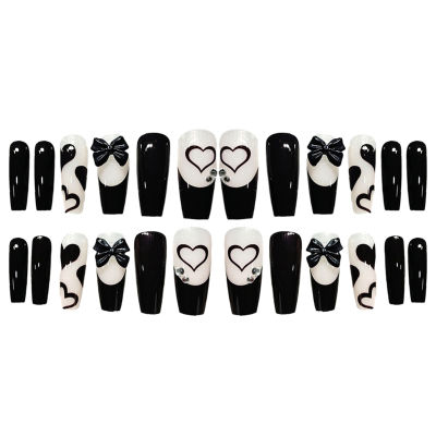 MUS 24PCS Long Press On Nails Cute Black Bow Design Fake Nails Full Coverage Nail