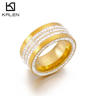 แหวนเหล็กไทเทเนียมสุดหรูสำหรับผู้หญิงแหวนหน้ากว้างประดับเพชรเต็มตัวแฟชั่นเสริมบุคลิกสีทอง18K ชุบด้วยไฟฟ้า