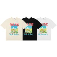 Stock High Street RHUDE Windowsil Castle Coconut Tree Sill Scenery Pure Cotton Casual Loose Short Sleeve T-shirt for Men and Women