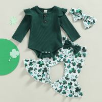 Newborn Baby Girl St. Patricks Day Outfit Ribbed Knited Long Sleeve Romper Tops Clover Print Flare Pants Headband 3Pcs Set  by Hs2023