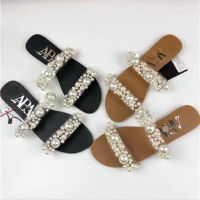 2023 ZARAˉSummer New Pearl Buckle Womens Sandals Summer Flats