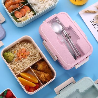 ◄∏✶ Microwave Lunch Box Dinnerware with Stainless Steel Spoon Chopsticks Food Storage Container Children Kids School Bento Box