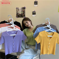 เสื้อถักผู้หญิง IMIXCITY คอวีสีทึบบางแขนสั้น Bottoming เสื้อ