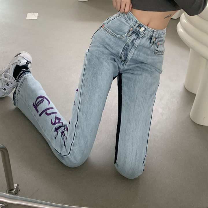 european-spring-autumn-new-denim-back-letters-embroidery-thin-loose-high-waisted-jeans-straight-pants-women-fashion-streetwear