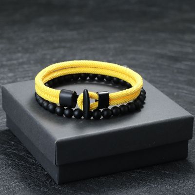 Noter New 2pcs/Set Men Bracelet Natural 6mm Onyx Stone Beaded Braclet Homme 4mm Pulseira Corda Masculina Pirate Accessories Gift