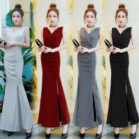 Golf Gear 2021 new Korean style celebrity bright silk dress V-neck temperament sexy slimming slim slit dress long skirt for women