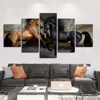 ชุดโปสเตอร์สัตว์ม้าสองตัวภาพวาดผ้าใบทันสมัยและรูปภาพศิลปะบนผนังสำหรับ0717 5F อยู่อาศัย5ชิ้น