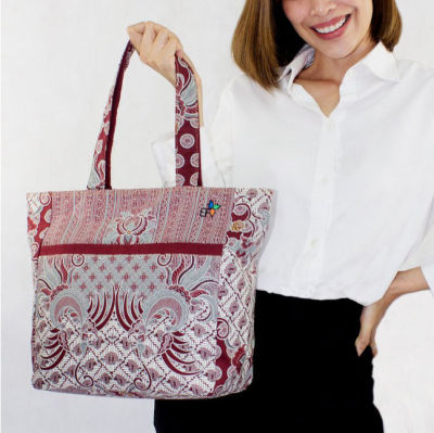 Womens Day New Arrival Zipper Tote Bag with Batik Pattern Canvas T116 Red ร้าน East Flowers