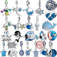 925 Silver Blue Murano Glass Octopus Turtles Starfish Dolphin Whale DIY Beads Fit Original Pandora Charms Bracelet Women Jewelry