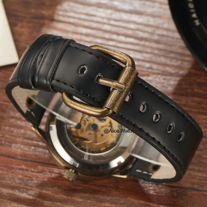 shenhua-นาฬิกาข้อมือออโตเมติกสำหรับผู้ชาย-นาฬิกาข้อมือหนังสีบรอนซ์แบบย้อนยุคนาฬิกากลไก